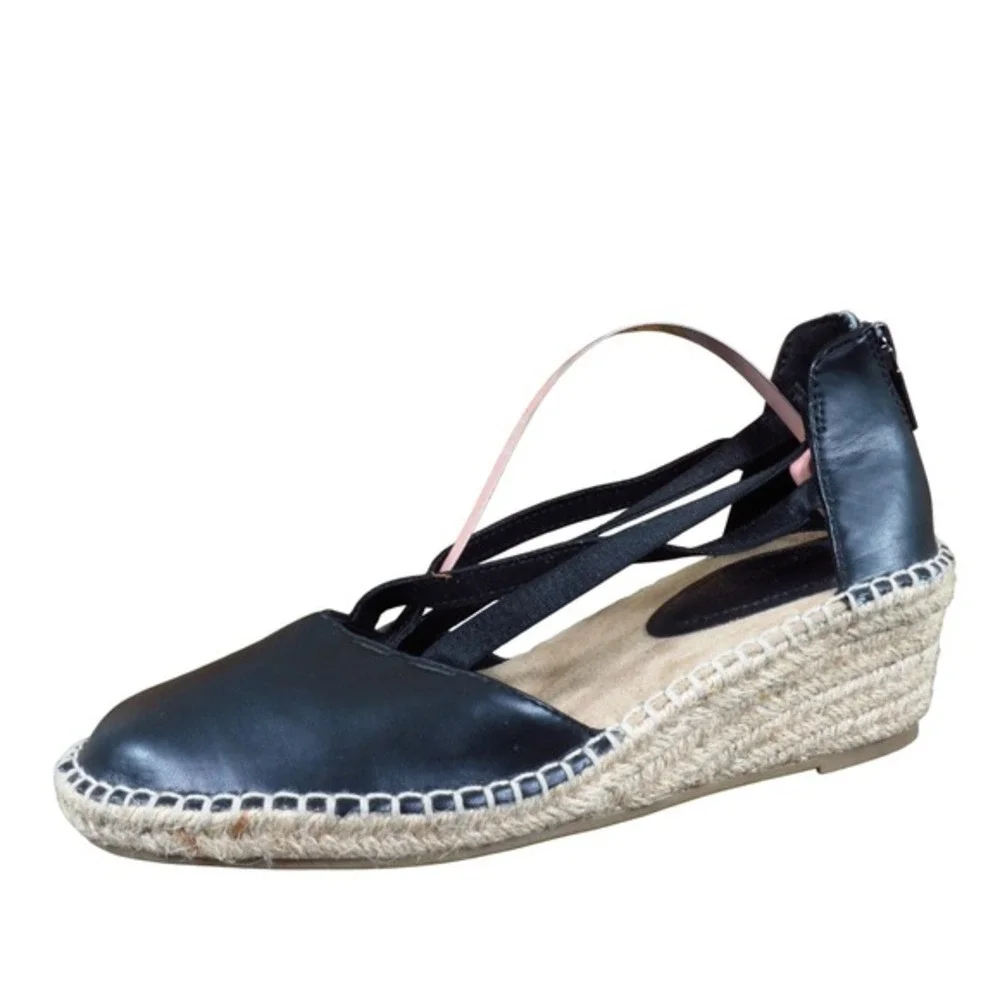 Kenneth Cole Reaction Clo Women‎ 6 Black Faux Leather Espadrille Wedge Flats